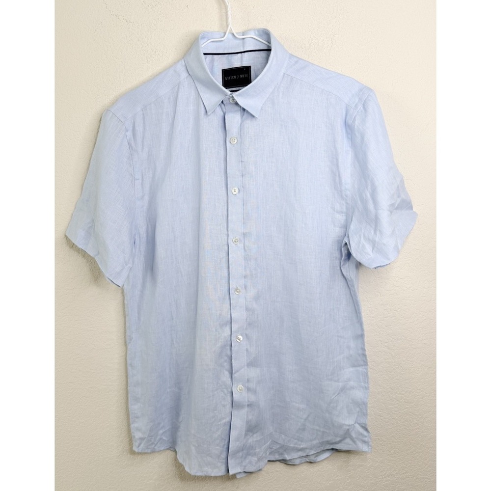 Stitch Note 100% European Linen Button Up Shirt Short Sleeve Blue Coastal Mens S